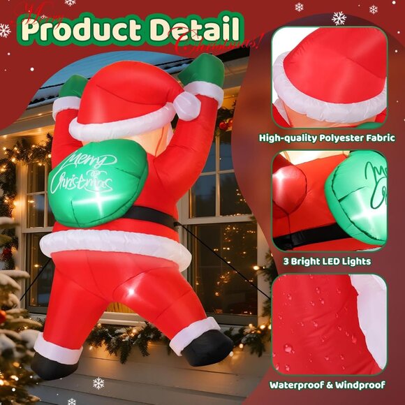 Climbing Santa Christmas Inflatable with LED Lights for Roof Window Yard Decor - Picture 2 of 7